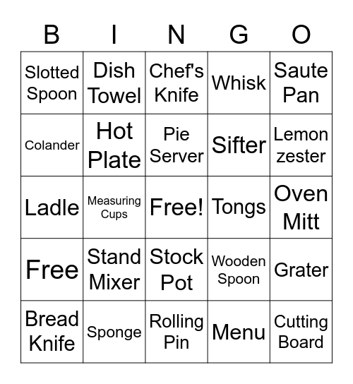 Kitchen Equipment Bingo Card