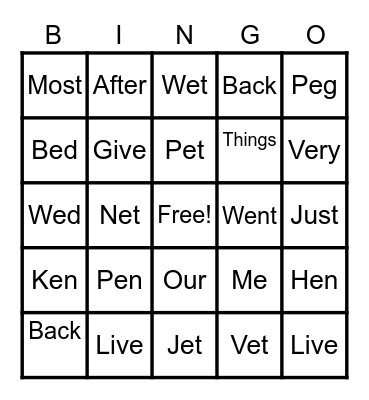 Spelling Words and Short E Words Bingo Card