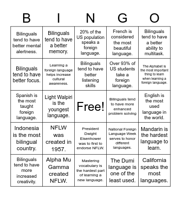 National Foreign Language Week Bingo Card