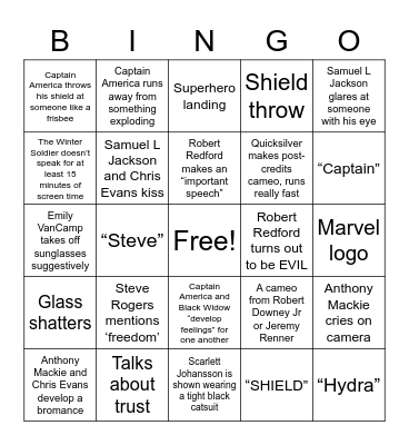 Captain America Winter Soldier Bingo Card
