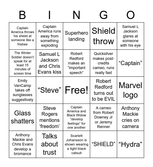 Captain America Winter Soldier Bingo Card