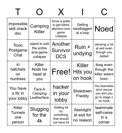Toxic survivor DBD Bingo Card