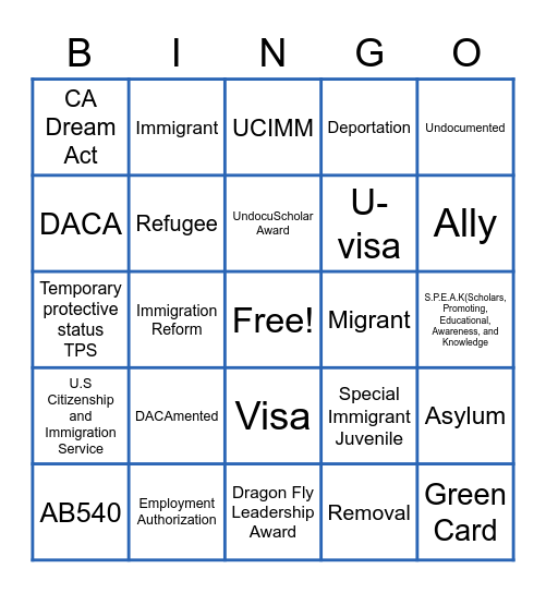 Terminology: UndocuAdvocate Program for Peers Bingo Card