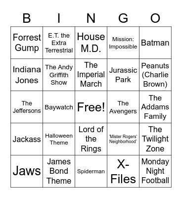 Movie/TV Show Themes Bingo Card