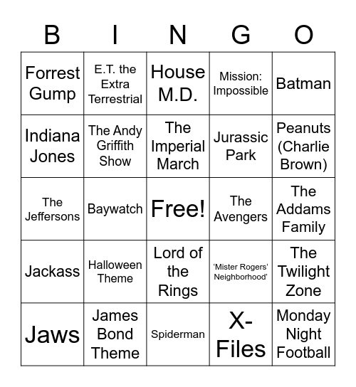 Movie/TV Show Themes Bingo Card