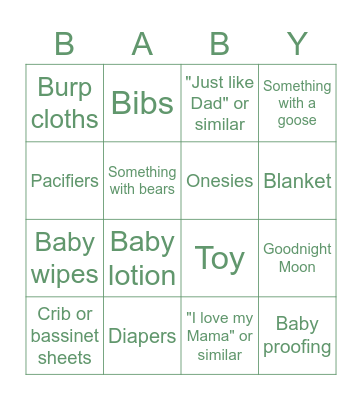 Baby Bingo! Bingo Card