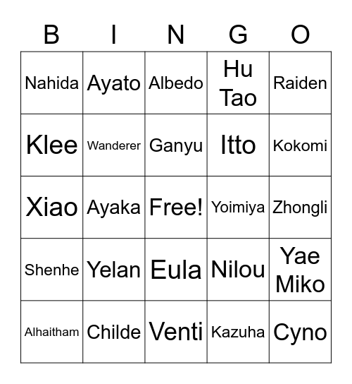 Genshin Doorstep Bingo Card