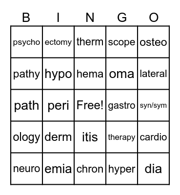 10.9 Greek Medical Words Bingo Card