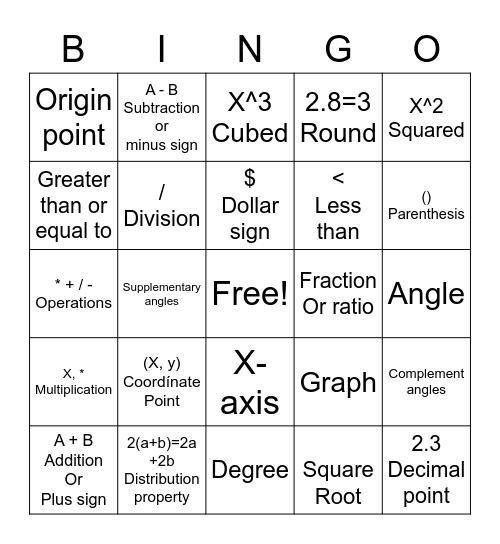 Math Symbol Bingo Card