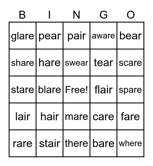 air, are, ear, ere words Bingo Card