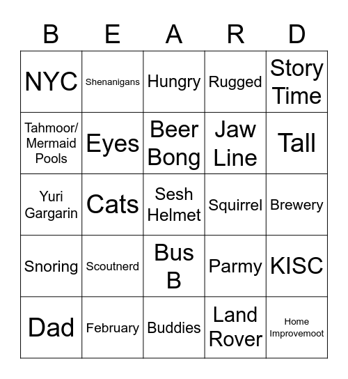 Bearded Birthday Buddies Booting Bingo Card