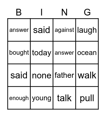 Sight Word Bingo Card