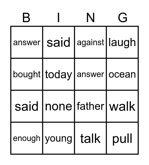 Sight Word Bingo Card