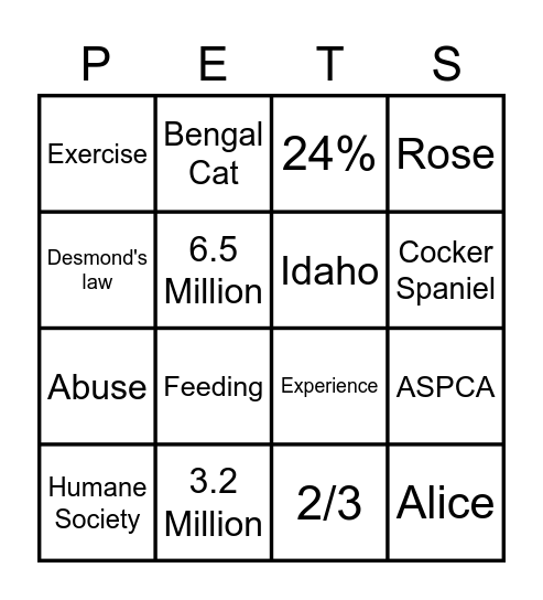 Pet Wellness Bingo Card