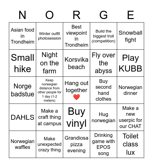 First trip all 5 together Bingo Card