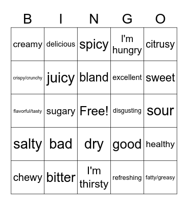 Food Adjectives Bingo Card