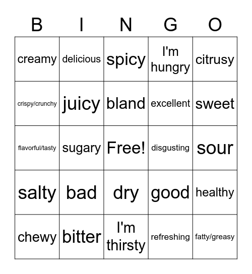 Food Adjectives Bingo Card