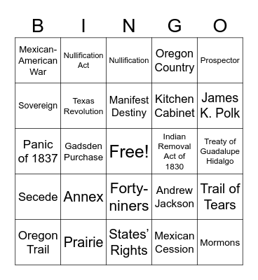 Manifest Destiny & Jackson Bingo Card