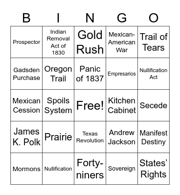 Manifest Destiny & Jackson Bingo Card