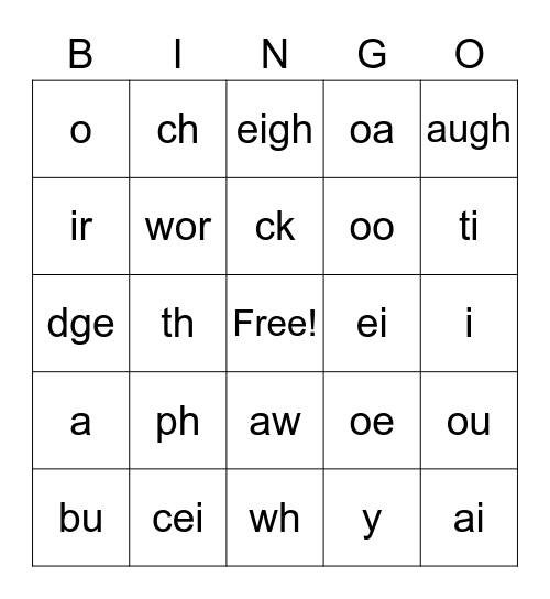 Phonograms Bingo Card