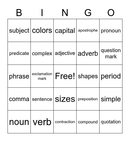 Sentences Bingo Card