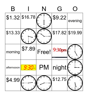 Money and Time Bingo Card