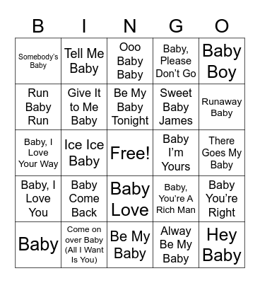 Baby Guy’s Music Bingo Card