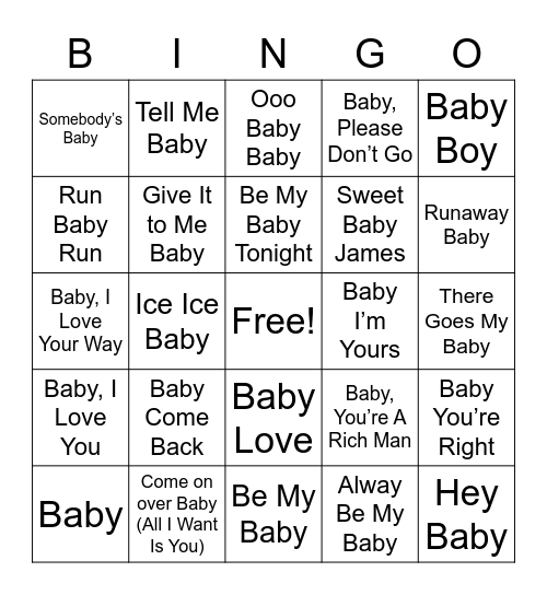 Baby Guy’s Music Bingo Card