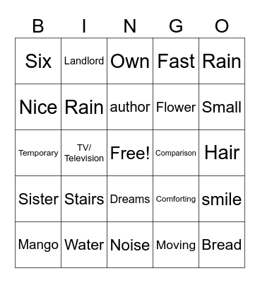 House on Mango Street Bingo Card