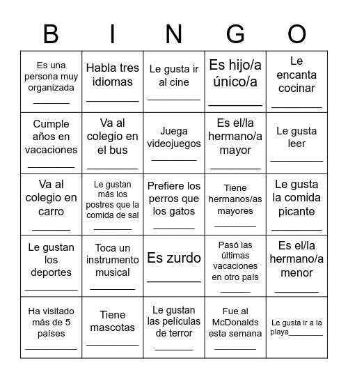 BINGO para conocerse Bingo Card