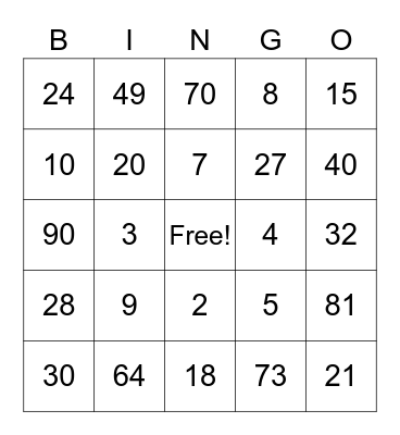 Multiplication Bingo Card