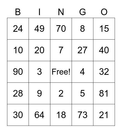 Multiplication Bingo Card