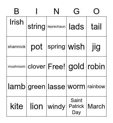 March Vocabulary Words Bingo Card