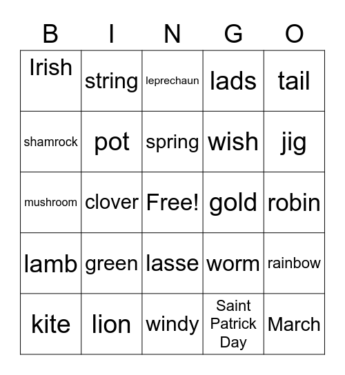 March Vocabulary Words Bingo Card