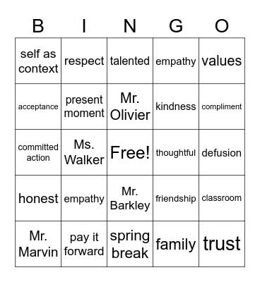 Mr.Olivier's Classroom Bingo Card