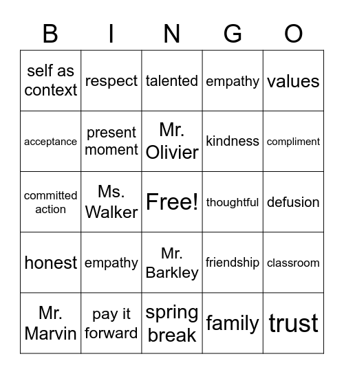 Mr.Olivier's Classroom Bingo Card