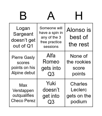 Bahrain GP 2023 Bingo Card