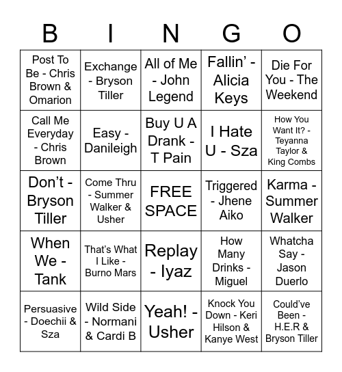 R&B Bingo Card