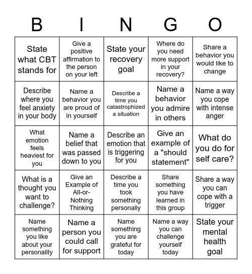 Cognitive Behavioral Bingo Card