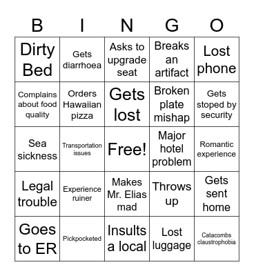 Unfortunate Events Trip 2024 Bingo Card