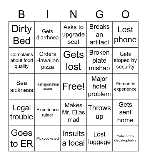 Unfortunate Events Trip 2024 Bingo Card
