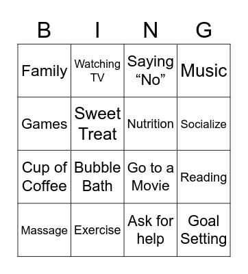 Self Care for Caregivers Bingo Card
