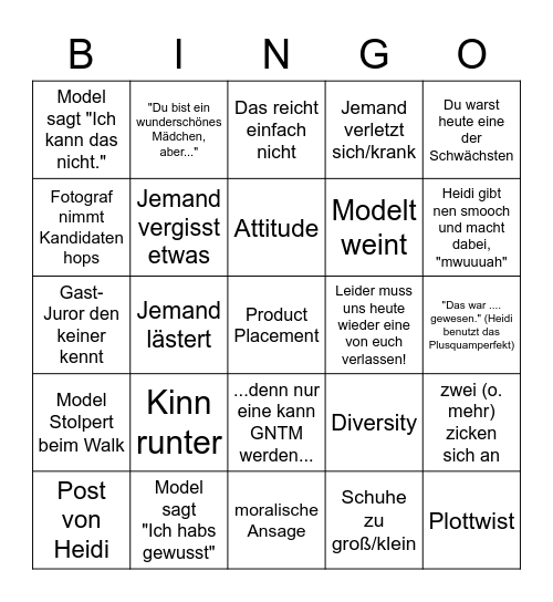 GNTM Bingo Night Bingo Card