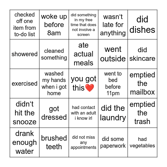 Trying to acting like a responsible human being Bingo Card