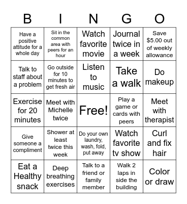 Coping Skills Bingo Card