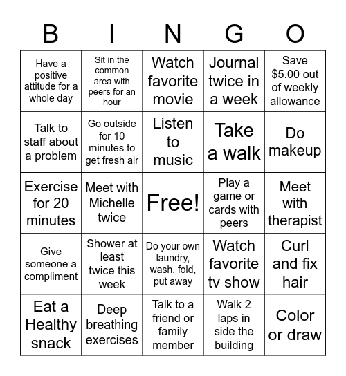 Coping Skills Bingo Card