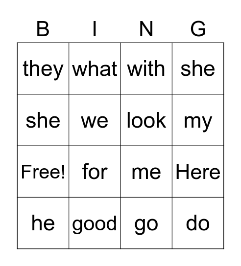 Sight Word Bingo Card