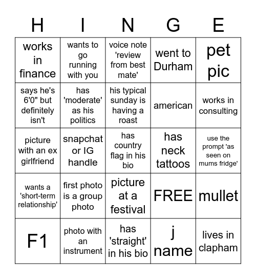 Dating App Bingo! Bingo Card