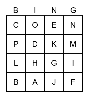 Letters Bingo Card