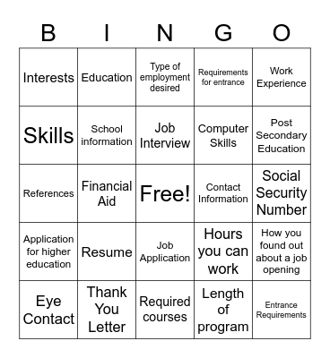 Job Search and School Search Bingo Card